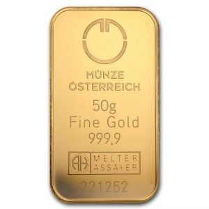 Lingote Munze Osterreich de Oro 50 g detalle