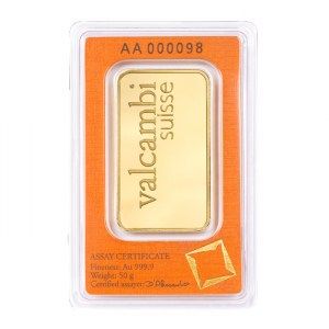 Lingote Valcambi Suisse de Oro 50 g reverso