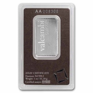 Lingote de Paladio Valcambi de 1 oz reverso