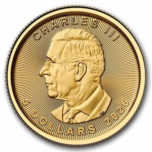 Moneda de Oro Maple Leaf 1/10 oz 2026 BU anverso