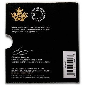 Moneda MapleGram de Oro 1 g 2021 25 unidades caja reverso