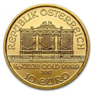 Moneda Filarmónica de Viena de Oro 1/10 oz 2017 reverso