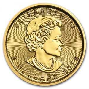 Moneda Maple Leaf canadiense de Oro 1/10 oz 2018 reverso
