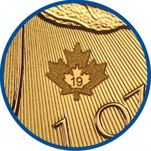 Moneda Maple Leaf canadiense de Oro 1 oz 2019 detalle