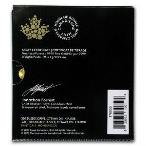 Moneda MapleGram de Oro 1g 2020 25 unidades trasera