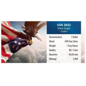 Moneda American Eagle de Plata 1 oz 2022 Color-BU documentación