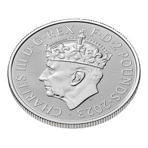 Moneda Britannia Carlos III Coronado de Plata 1 oz 2023 BU perfil anverso