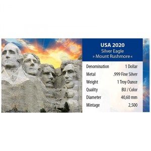 Moneda American Eagle Monte Rushmore de Plata 1 oz 2020 detalle