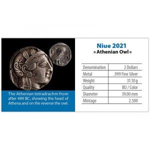 Moneda Búho Ateniense Coloreado de Plata 1 oz 2021 documentación reverse
