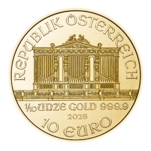 Moneda de Oro Filarmónica 1/10 oz 2026 BU anverso